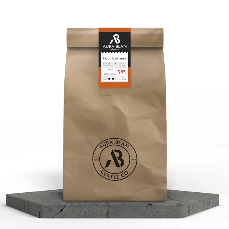 Four Corners coffee blend with dark chocolate red fruit and spice flavour profile full velvety body