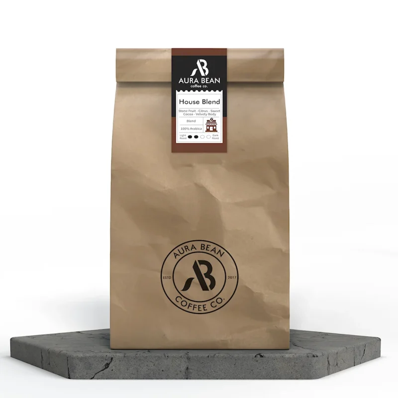 House Blend coffee with stone fruit chocolate and nut flavour profile medium silky body